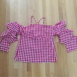 Renvy Red and White Ruffled Off-Shoulder Blouse
